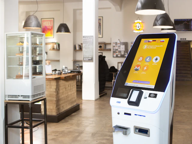 A free-standing interactive terminal in a public building.
