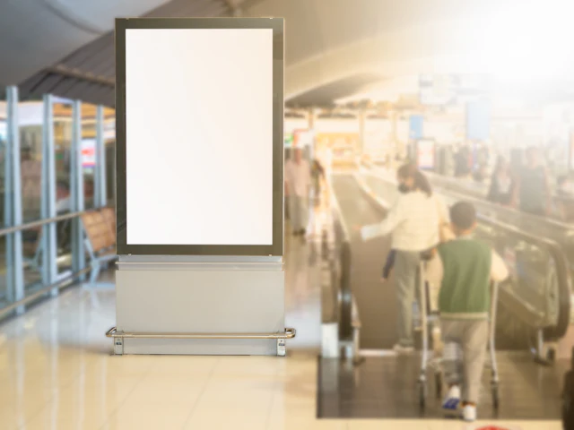 A freestanding portrait display stand beside a busy walkway.