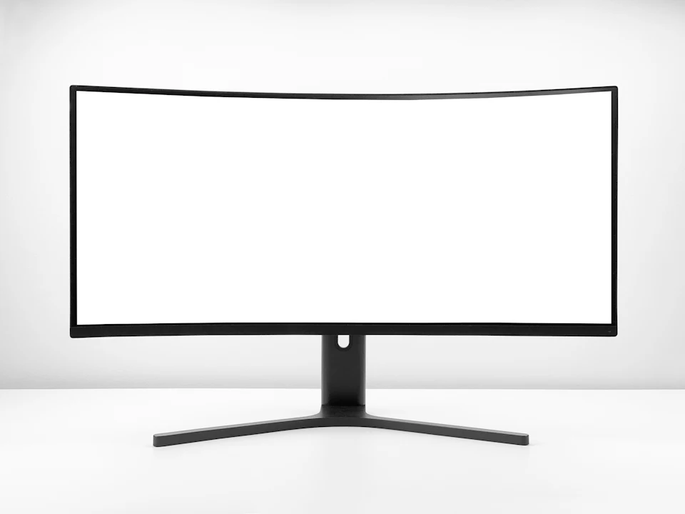 A display screen on a stand against a plain white background.