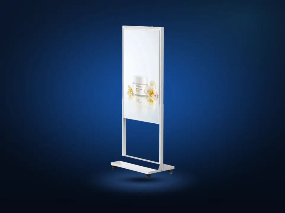Single Sided Freestanding Window Display — a single-sided window screen on a white free-standing base