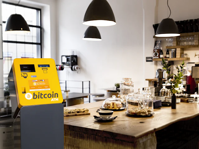 A self-ordering terminal beside the counter of a restaurant.