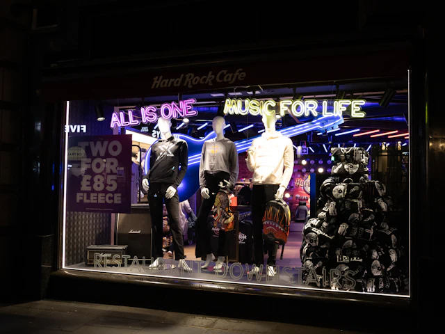 A brightly lit retail window display after dark.