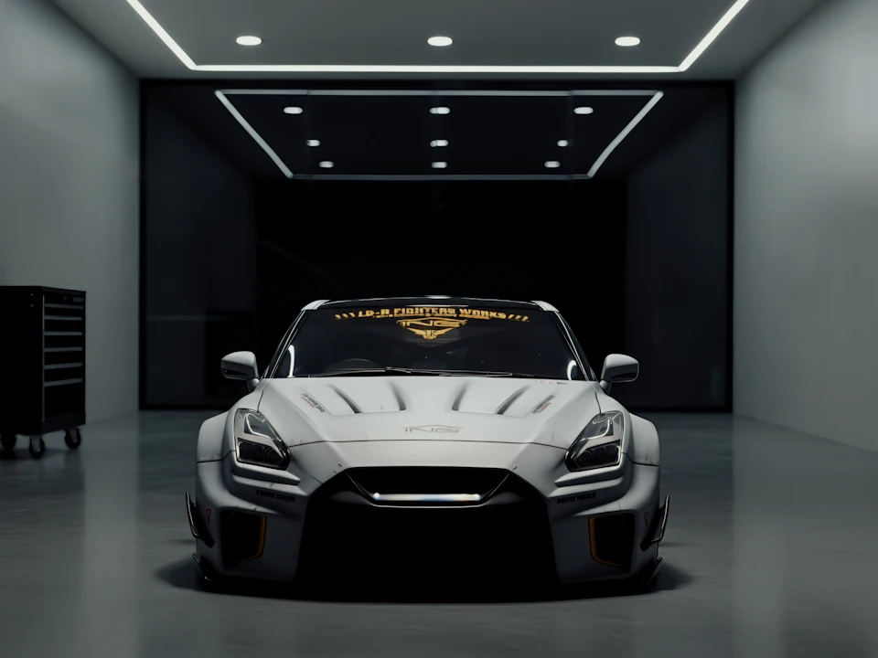 A white sports car on the floor of a clean, modern showroom.