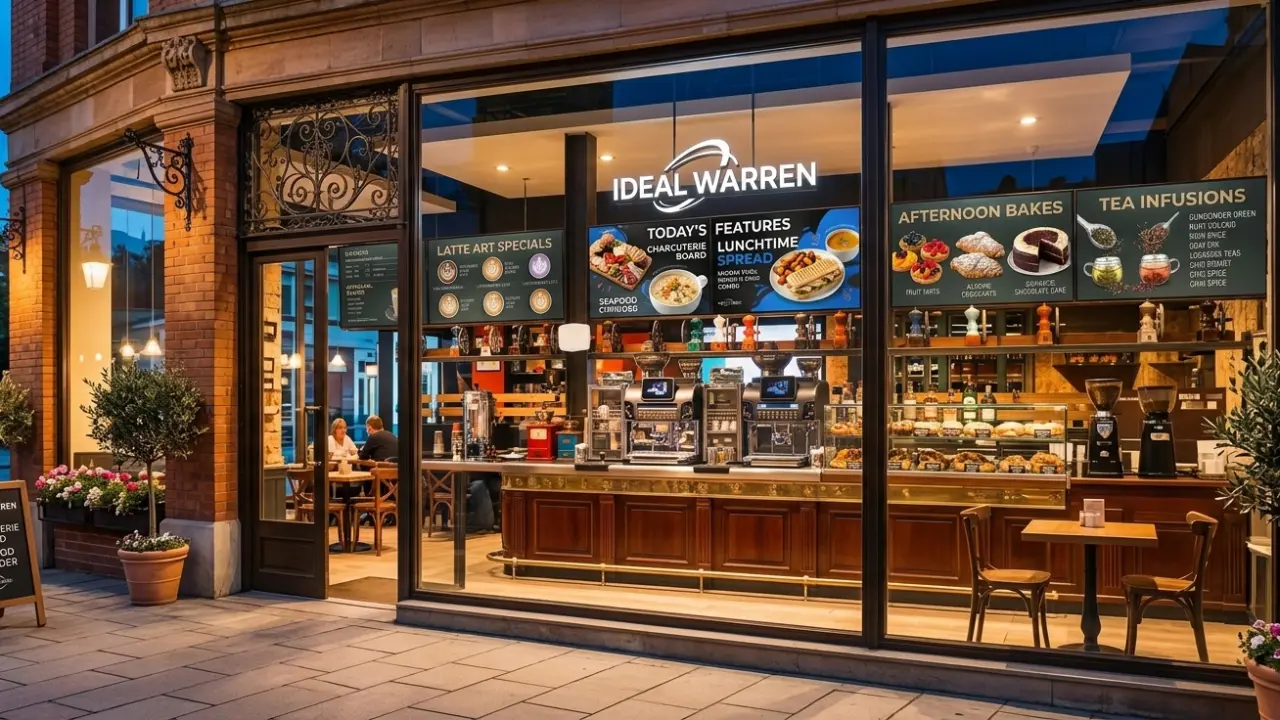 Customers ordering at a café counter under a row of digital menu screens.