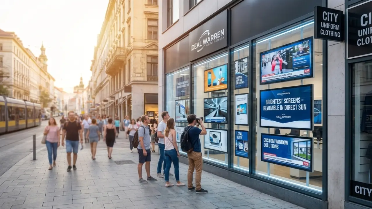A man on the phone walking past a large screen in a shop window on a quiet street.